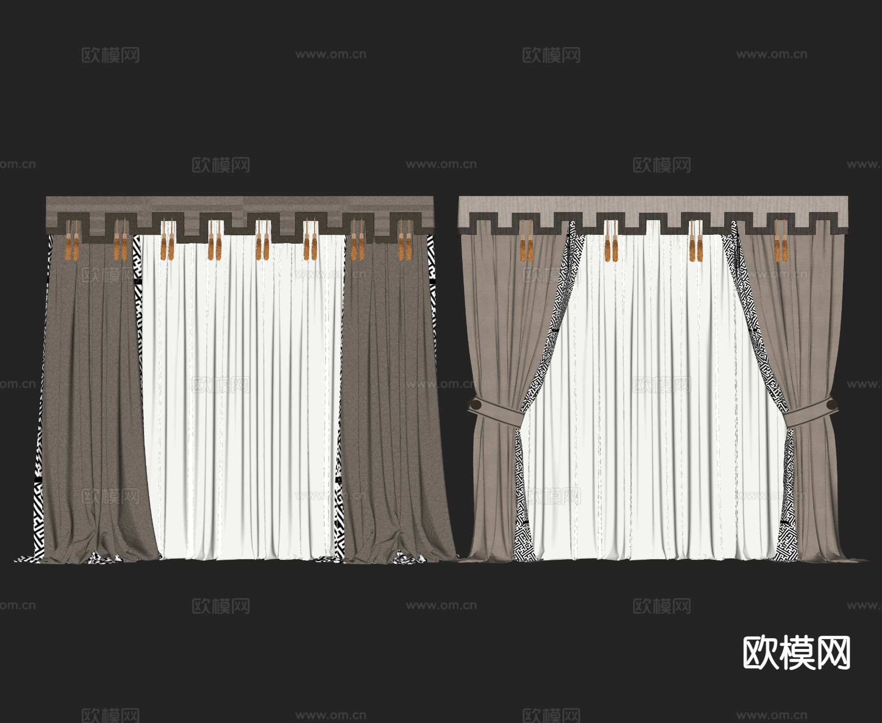 中式窗帘 纱帘 窗帘头su模型下载（渲染图1）