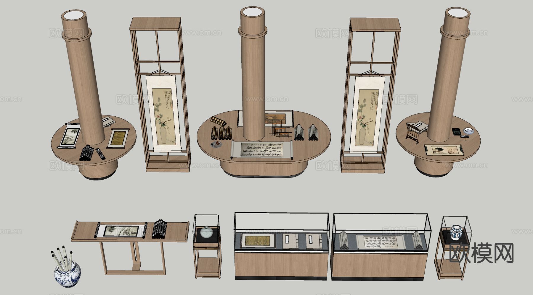新中式展台 展架 柱子展台 包柱su模型下载（渲染图1）