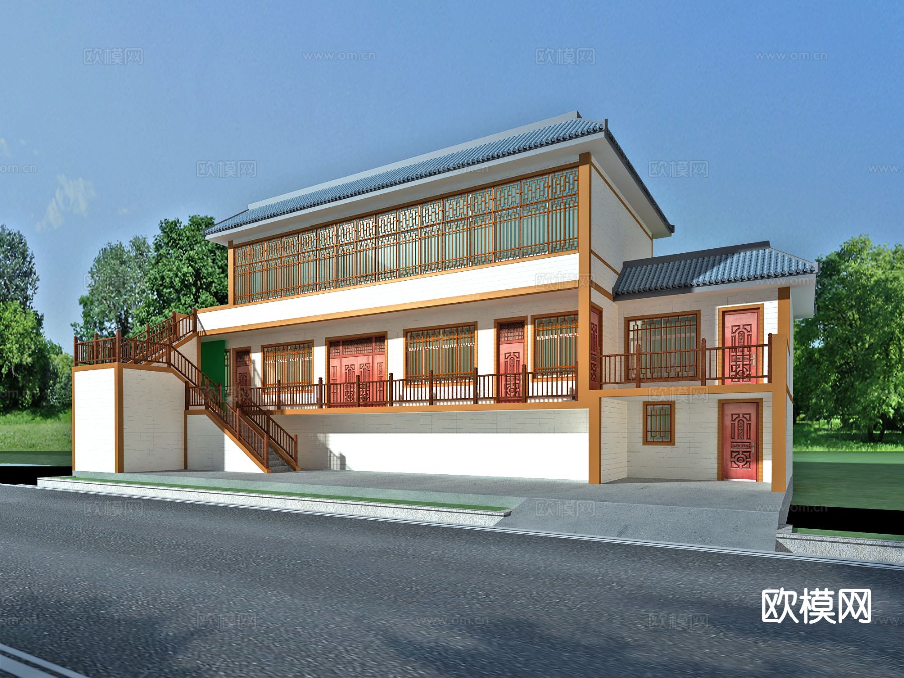 新中式乡村民居 自建房外观3d模型下载（渲染图1）