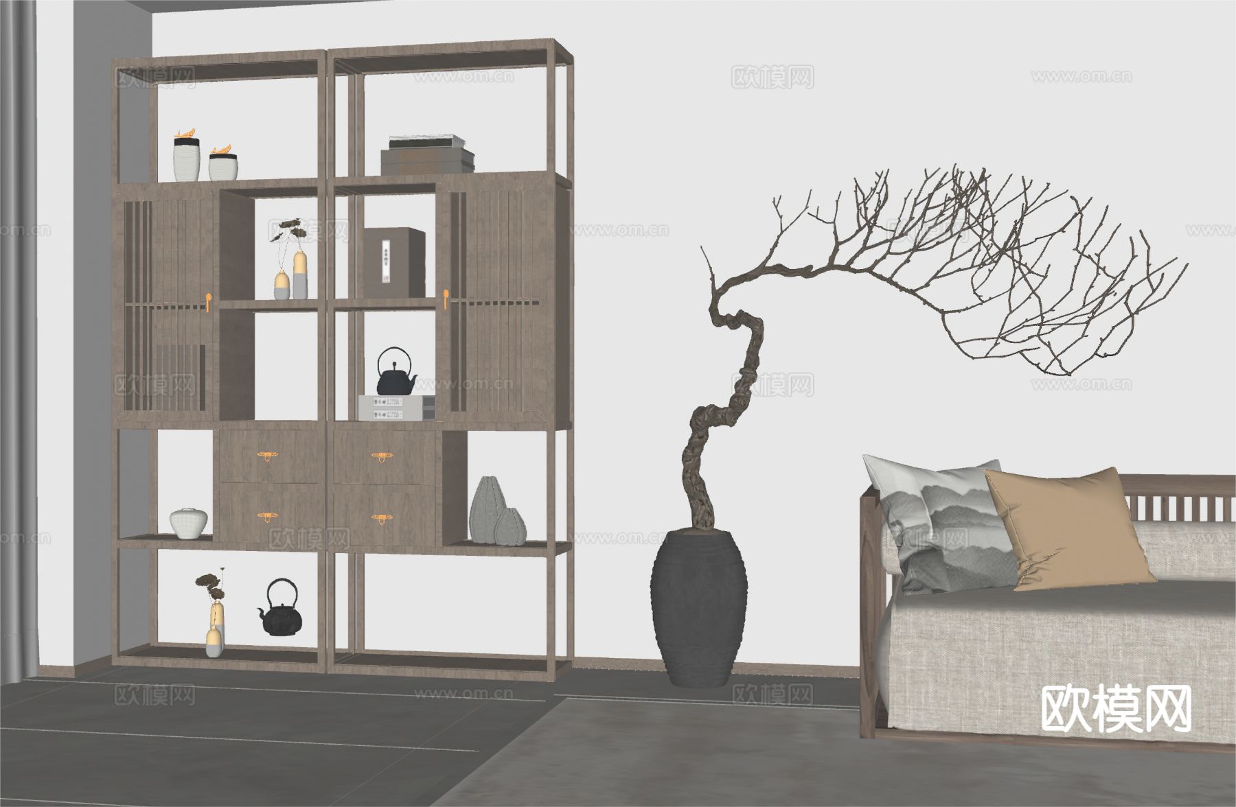 新中式博古架su模型下载（渲染图1）