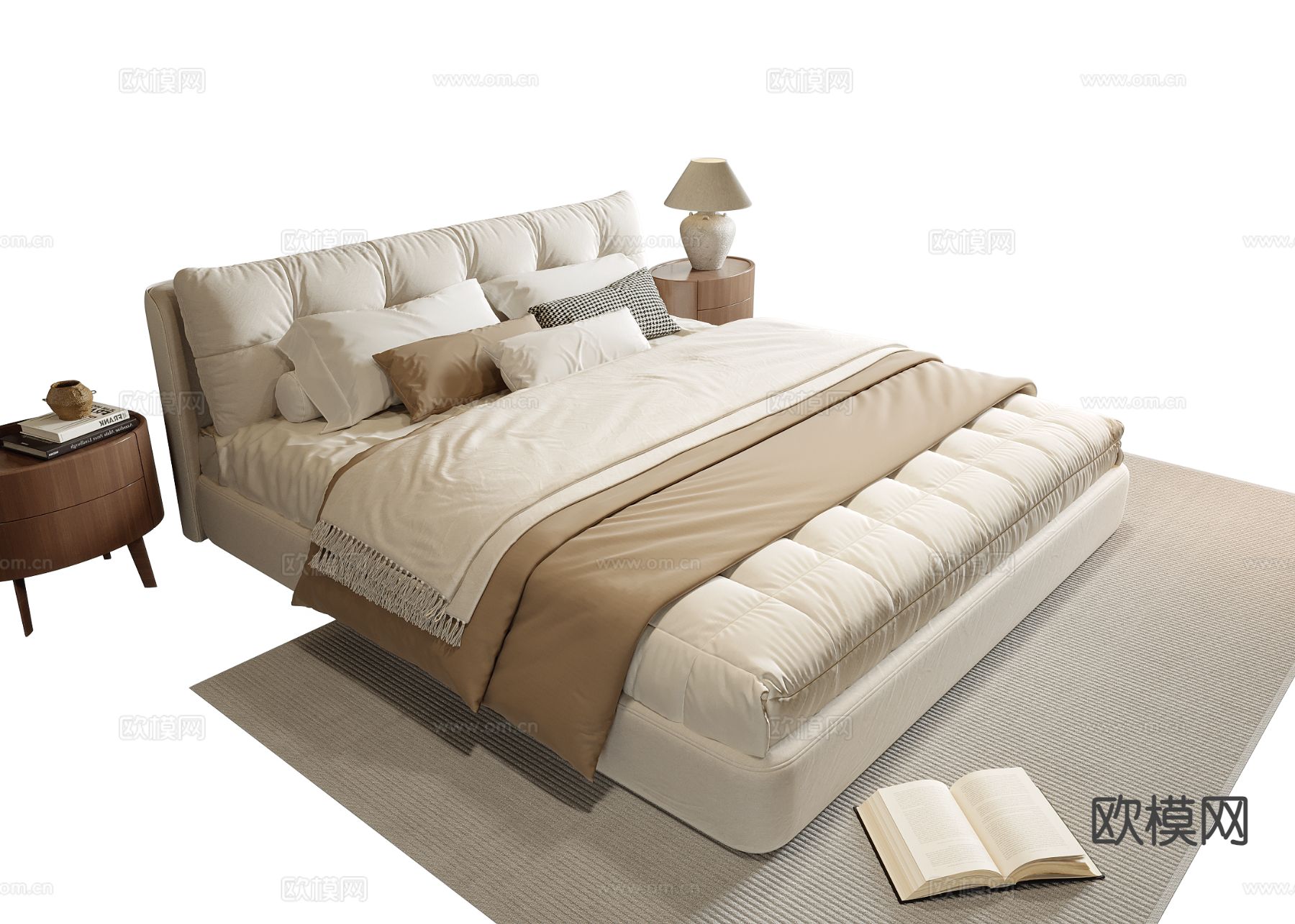 奶油风双人床3d模型下载