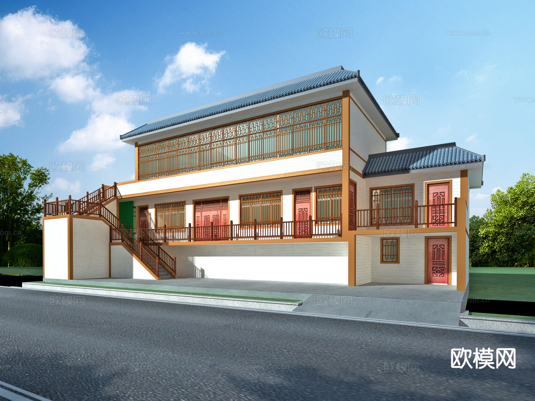 新中式乡村民居 自建房外观3d模型下载（渲染图2）