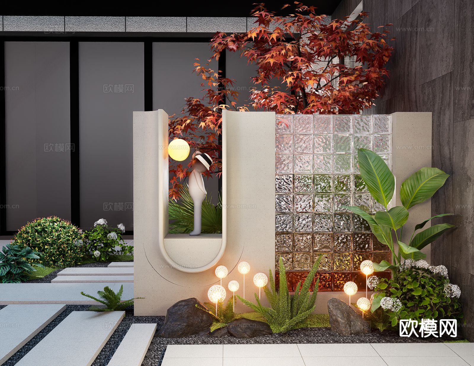 现代玻璃砖景墙3d模型下载