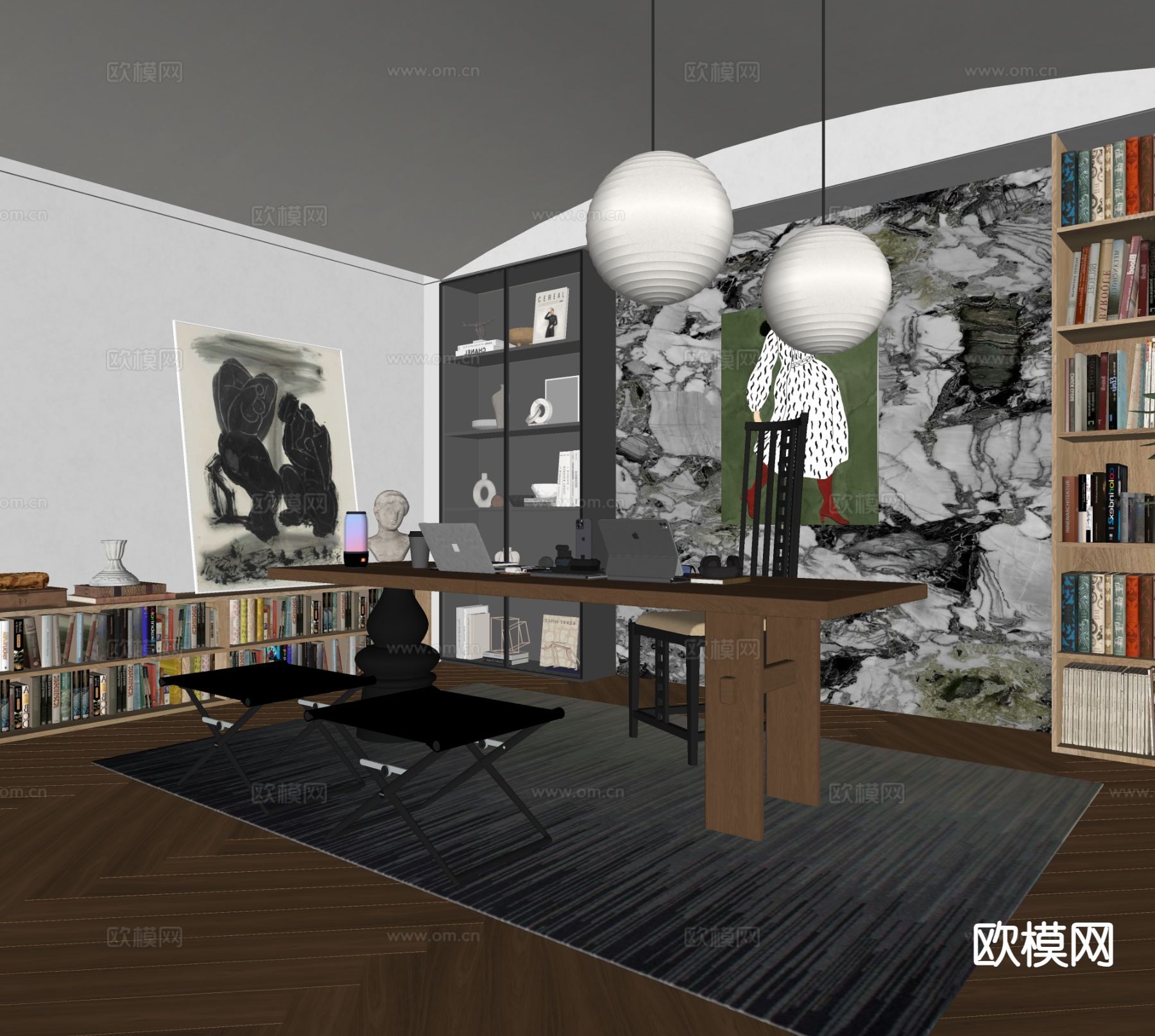 现代书房su模型下载（渲染图1）