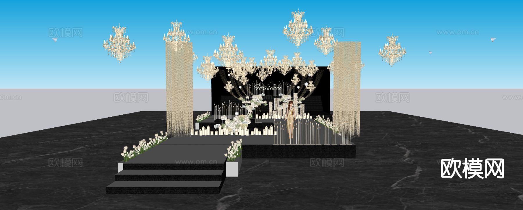 大气秀场水晶灯 婚礼吊顶场景su模型下载（渲染图1）
