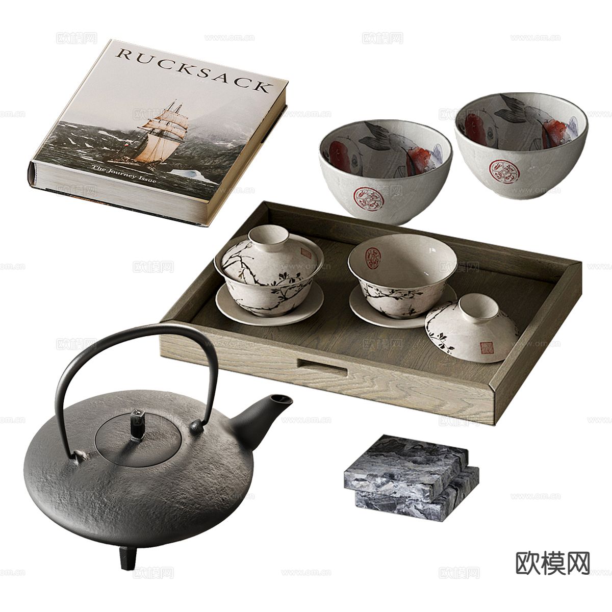 新中式茶具 茶壶 书籍 碗 杯子 茶壶su模型下载（渲染图2）