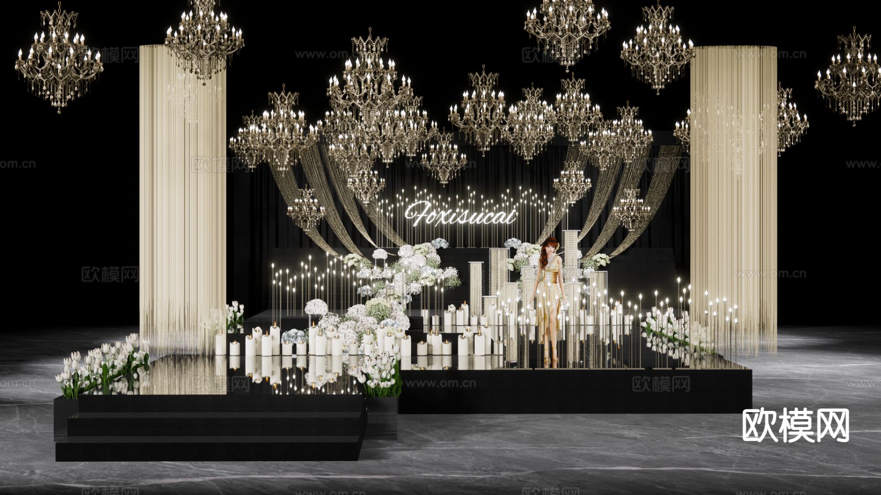 大气秀场水晶灯 婚礼吊顶场景su模型下载（渲染图5）