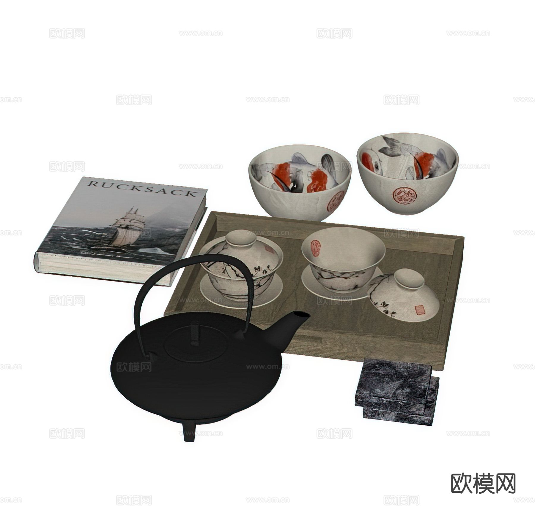 新中式茶具 茶壶 书籍 碗 杯子 茶壶su模型下载（渲染图1）