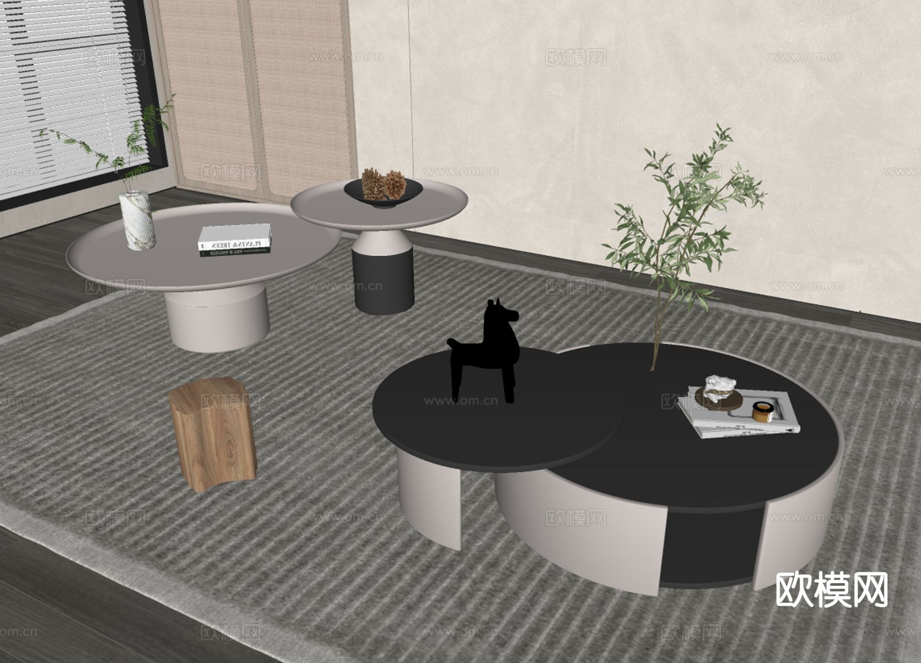 奶油风子母茶几su模型下载（渲染图1）