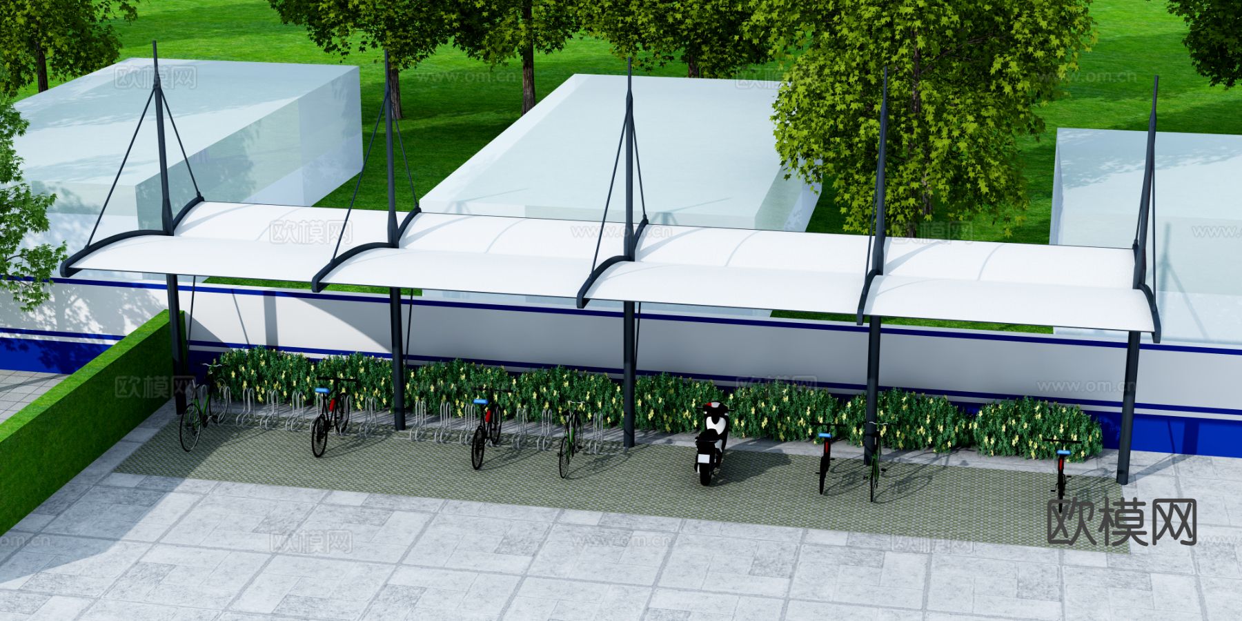现代自行车棚停车棚3d模型下载