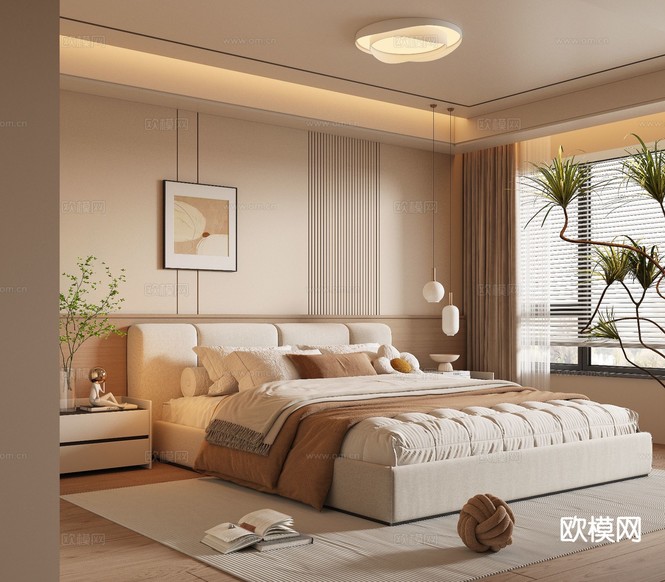 奶油风卧室 主卧3d模型下载_ID15390312_3dmax免费模型-欧模网