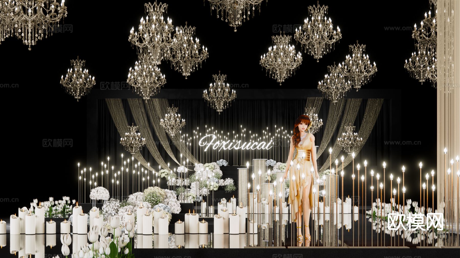 大气秀场水晶灯 婚礼吊顶场景su模型下载（渲染图3）