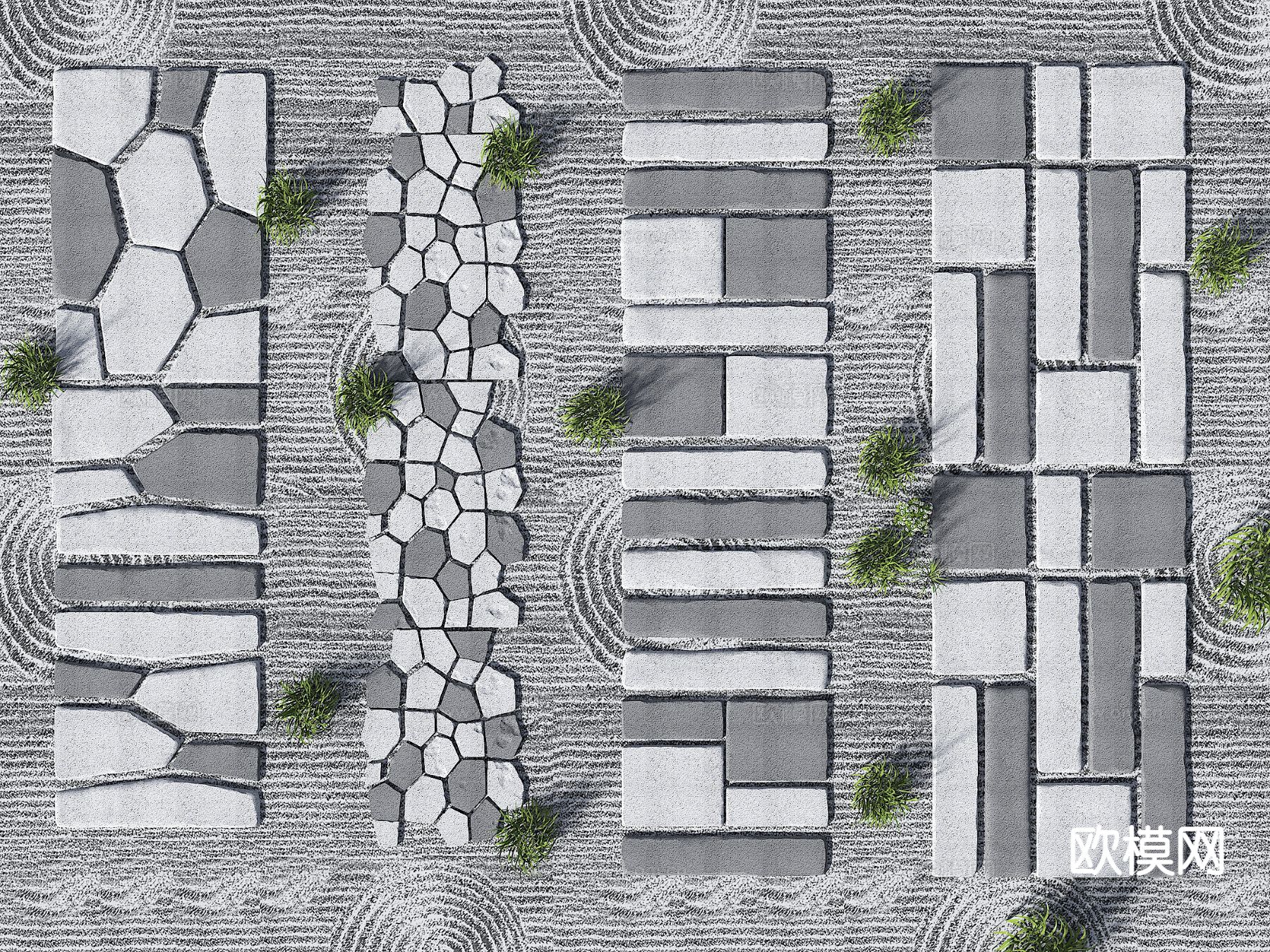现代老石板 汀步 石板路 游步道3d模型下载