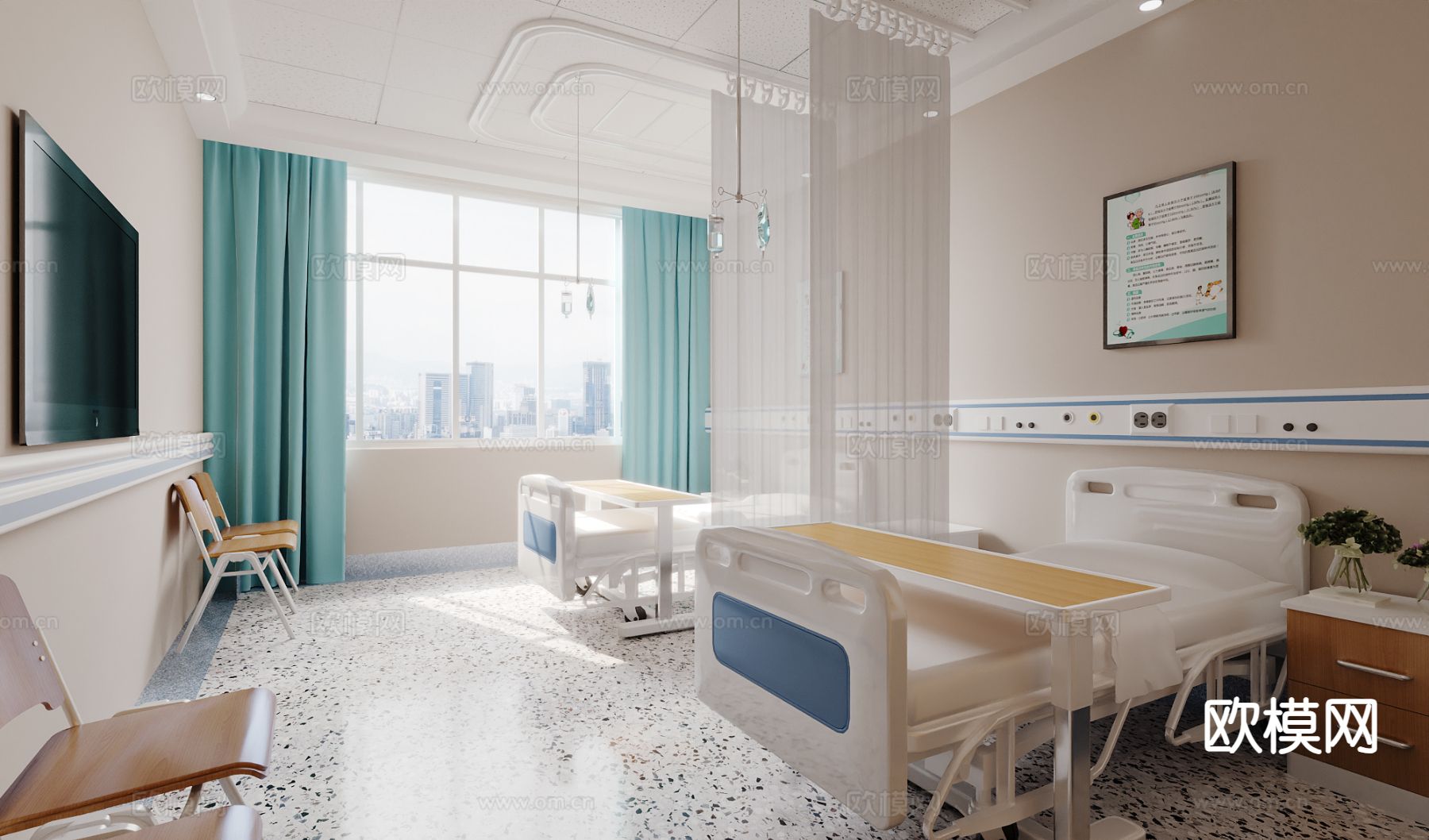 现代医院 病房3d模型下载（渲染图1）