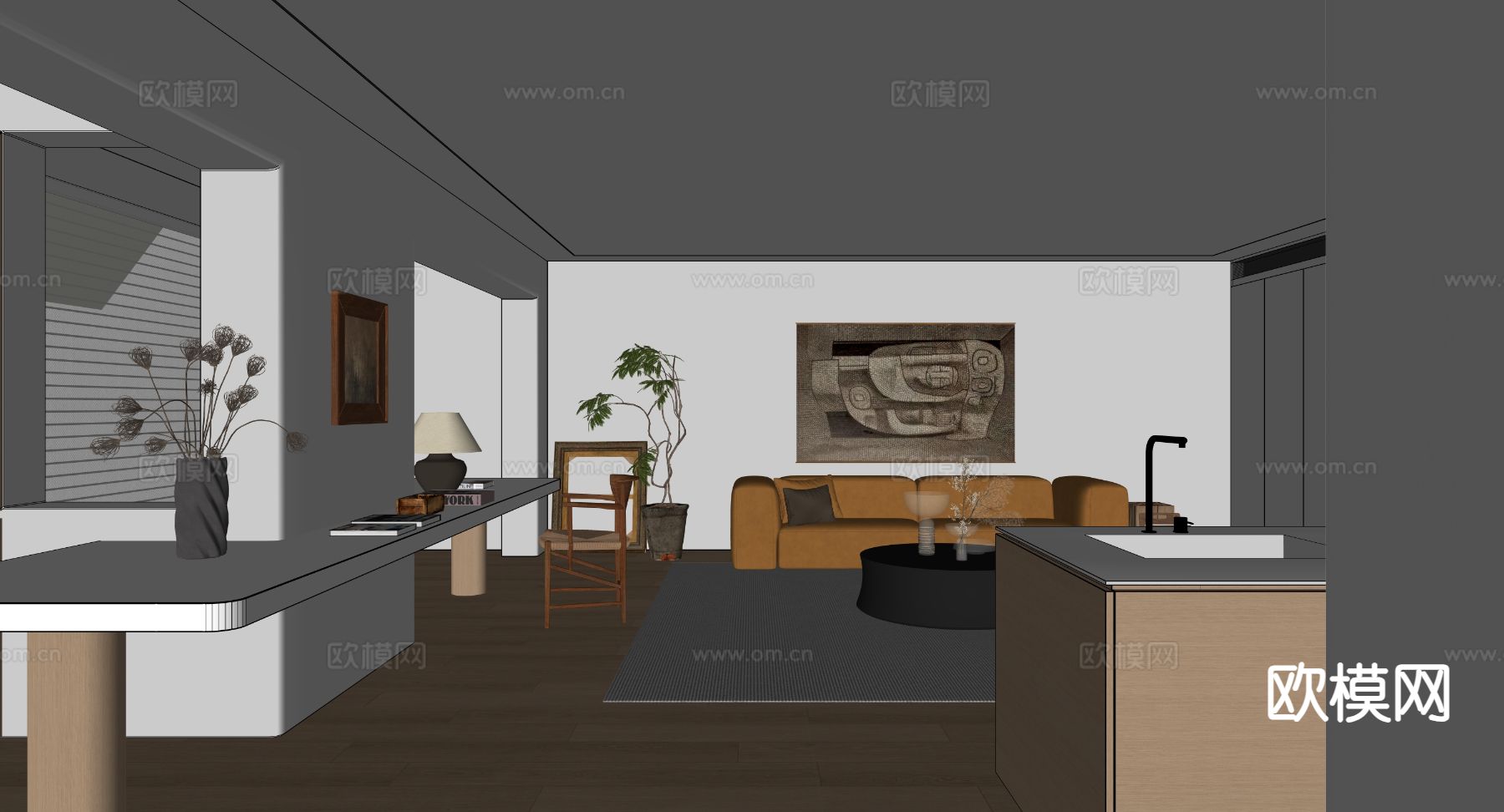 原木风客厅 横厅su模型下载（渲染图1）