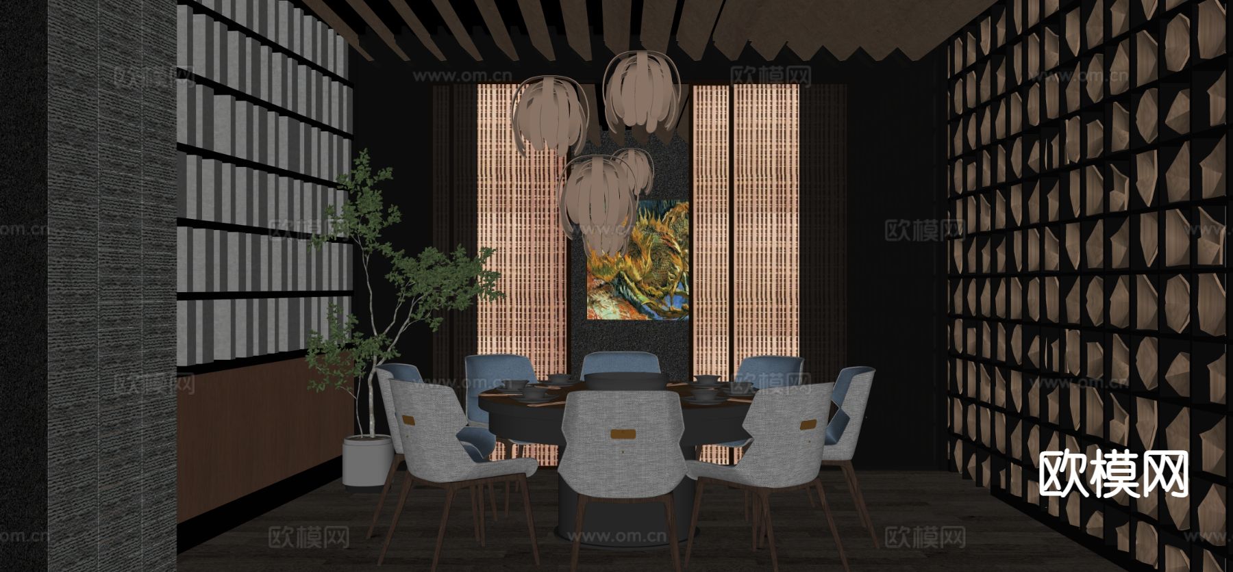 新中式餐厅包厢su模型下载（渲染图1）