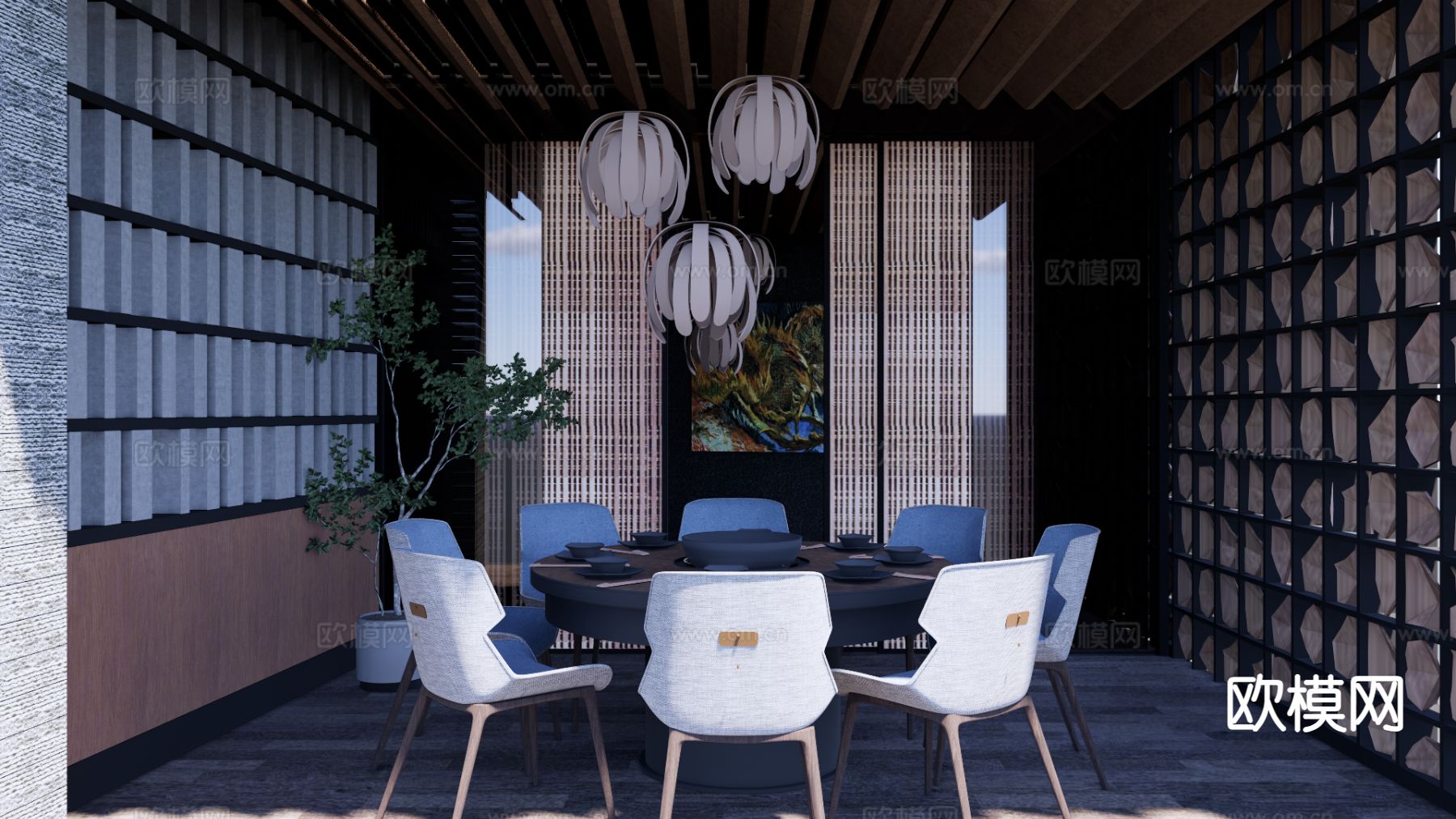 新中式餐厅包厢su模型下载（渲染图2）