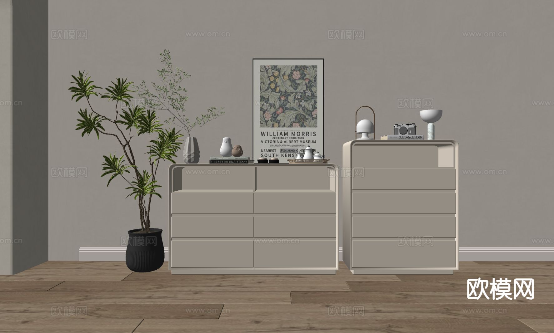 奶油风边柜 玄关柜su模型下载（渲染图1）