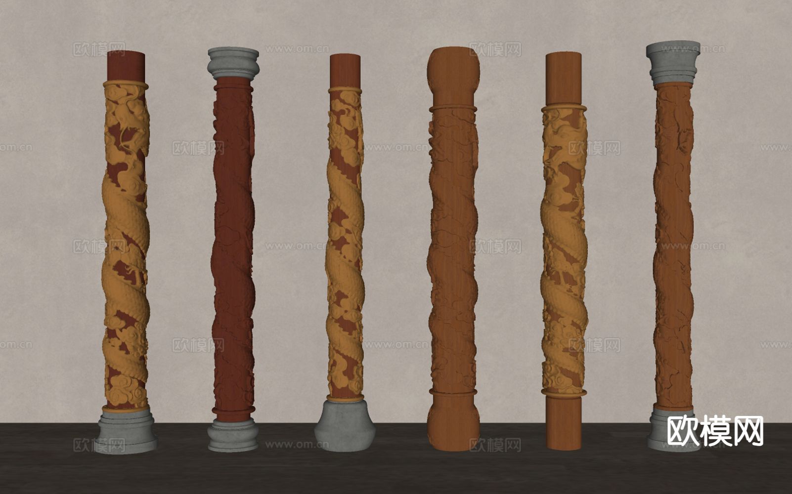 中式柱子 盘龙柱 雕花柱子su模型下载（渲染图1）