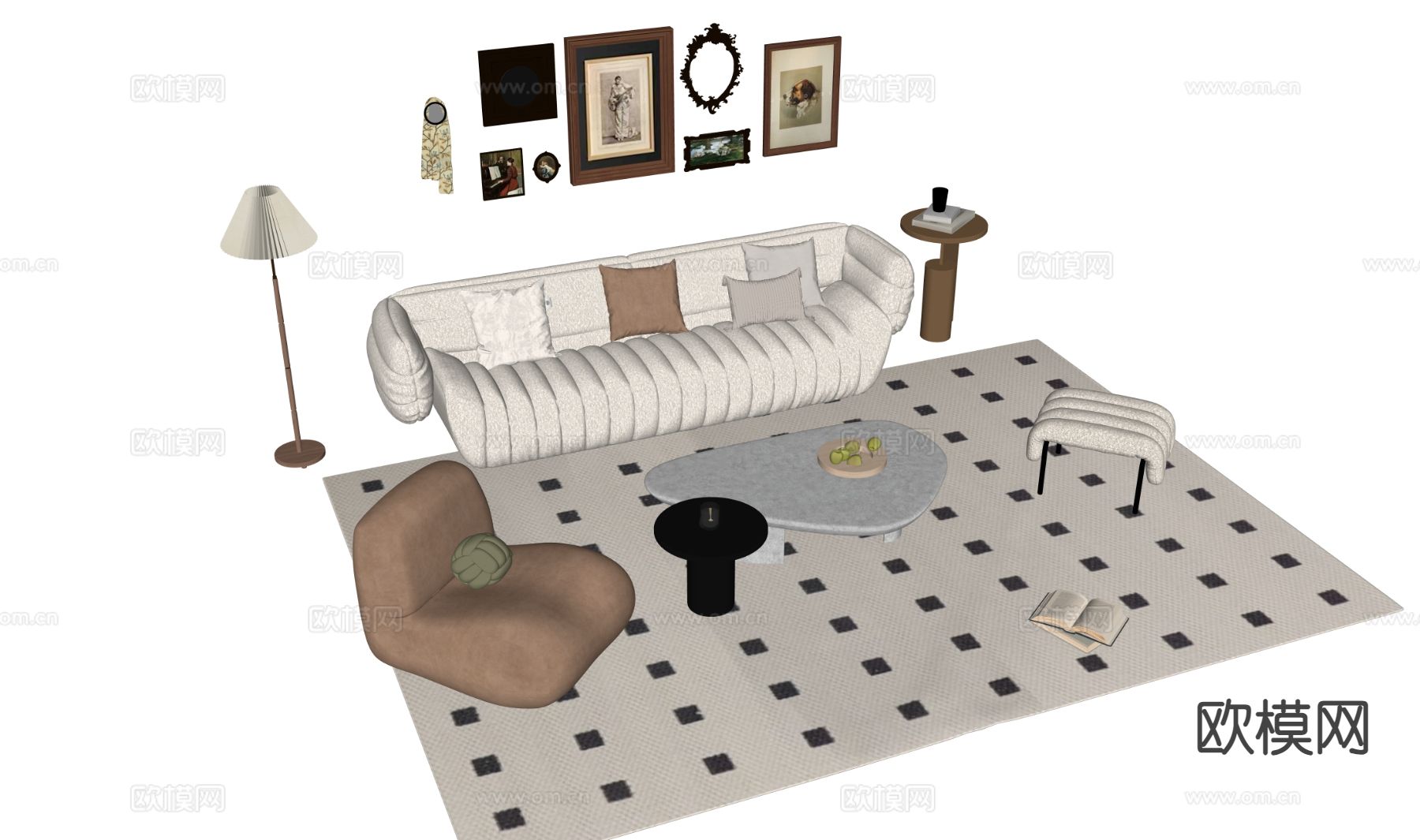 法式组合沙发su模型下载（渲染图1）