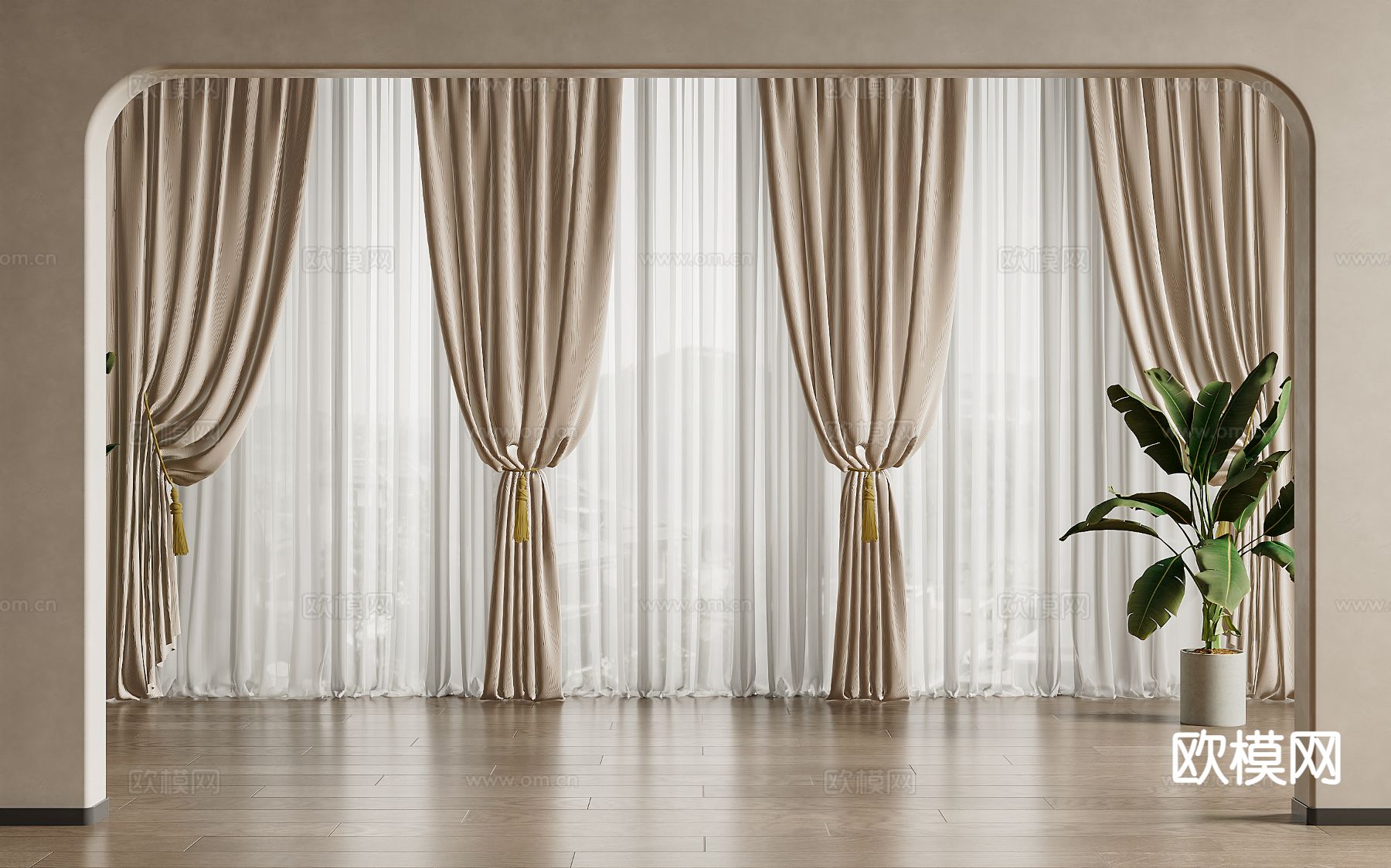 奶油风窗帘 褶帘su模型下载（渲染图2）