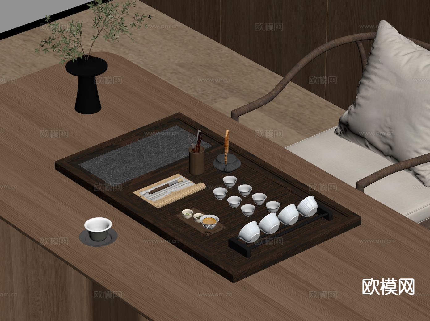 新中式托盘 茶具 茶杯su模型下载（渲染图1）