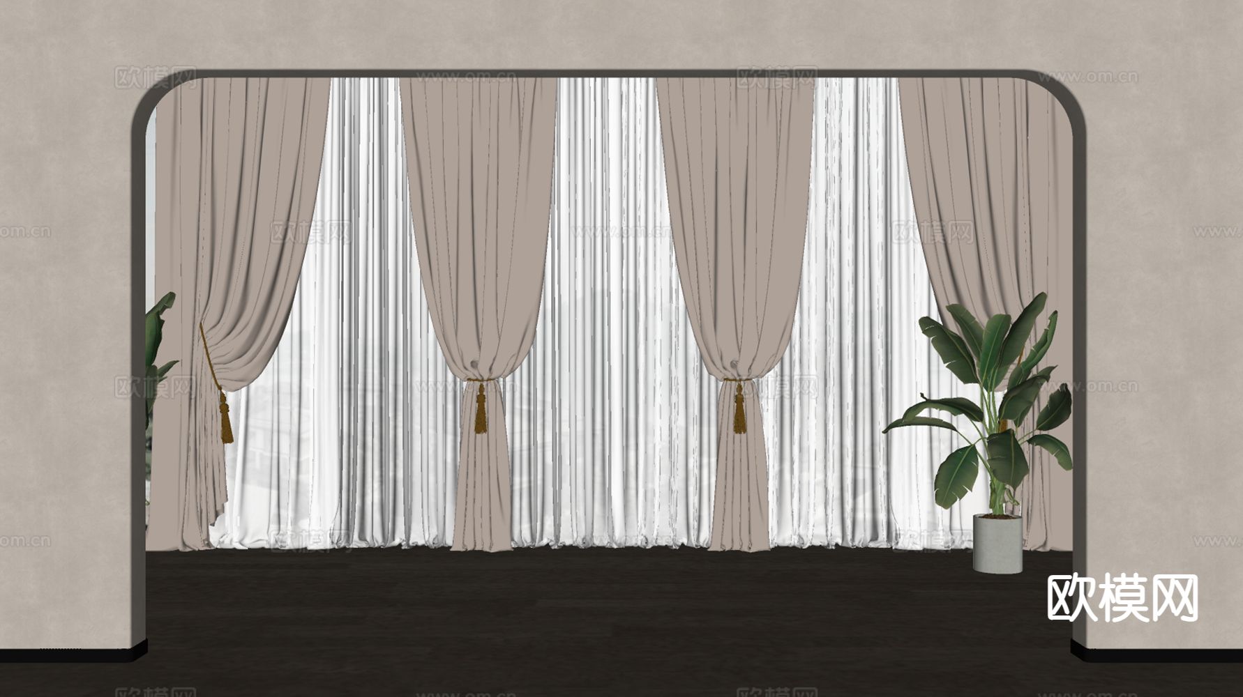 奶油风窗帘 褶帘su模型下载（渲染图1）