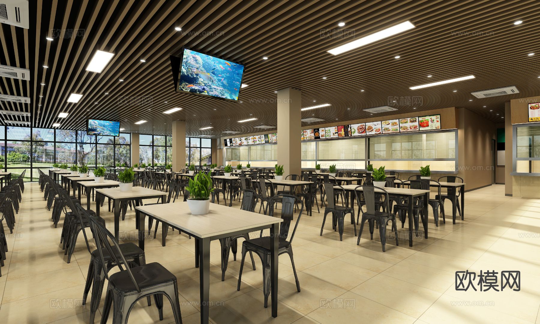现代快餐店 学校食堂 员工餐厅3d模型下载