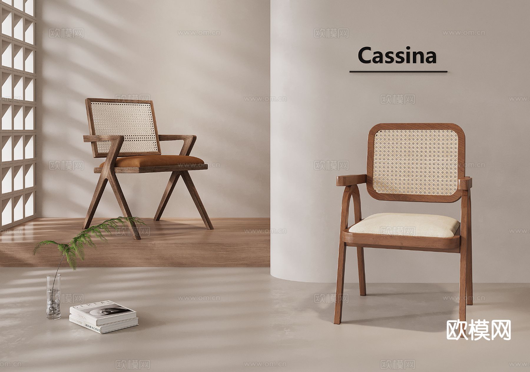 Cassina 中古风藤编休闲椅 木椅su模型下载（渲染图2）