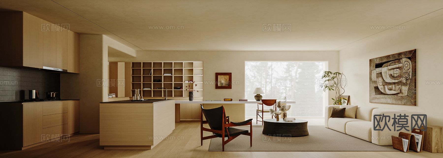 原木风客厅 横厅su模型下载（渲染图2）