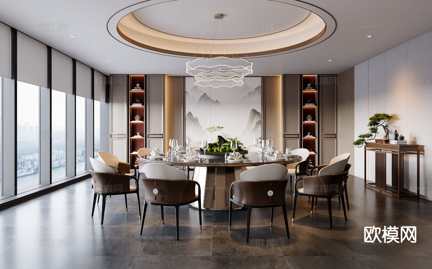 新中式餐厅包厢su模型下载（渲染图2）