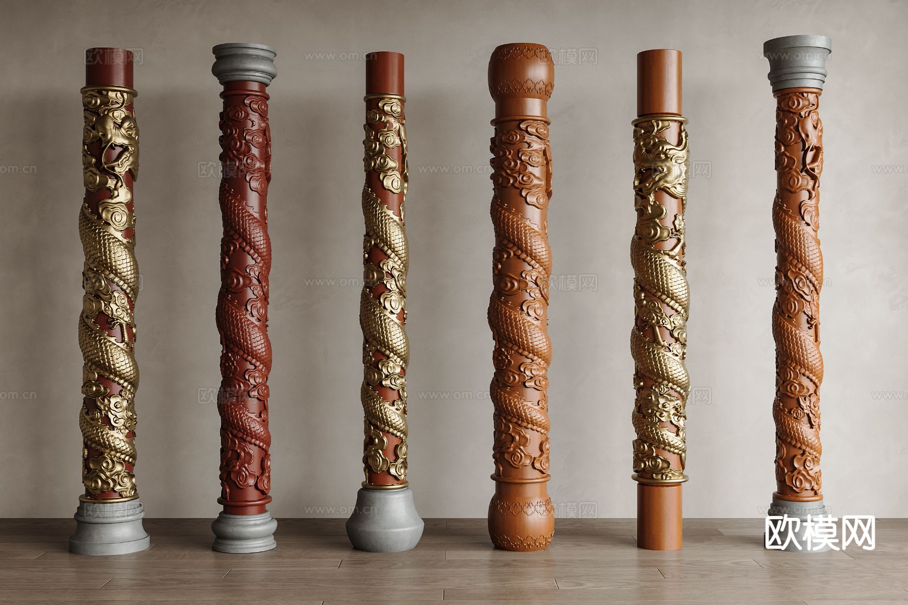 中式柱子 盘龙柱 雕花柱子su模型下载（渲染图2）