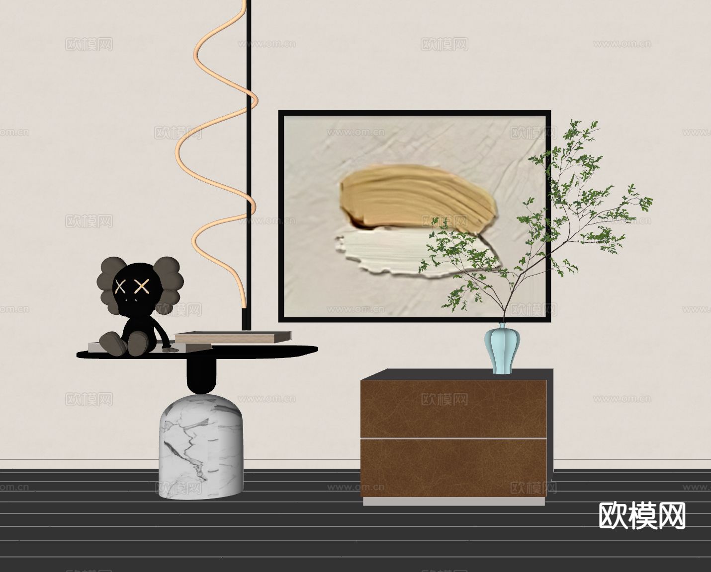 现代床头柜su模型下载（渲染图1）