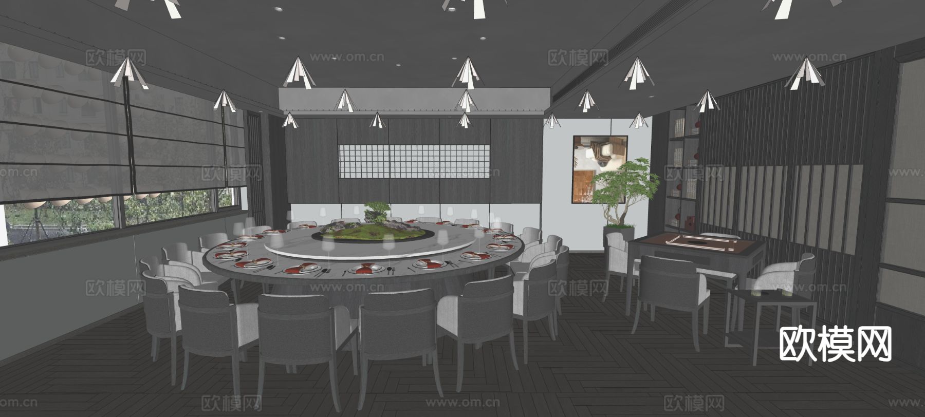 新中式餐厅包厢su模型下载