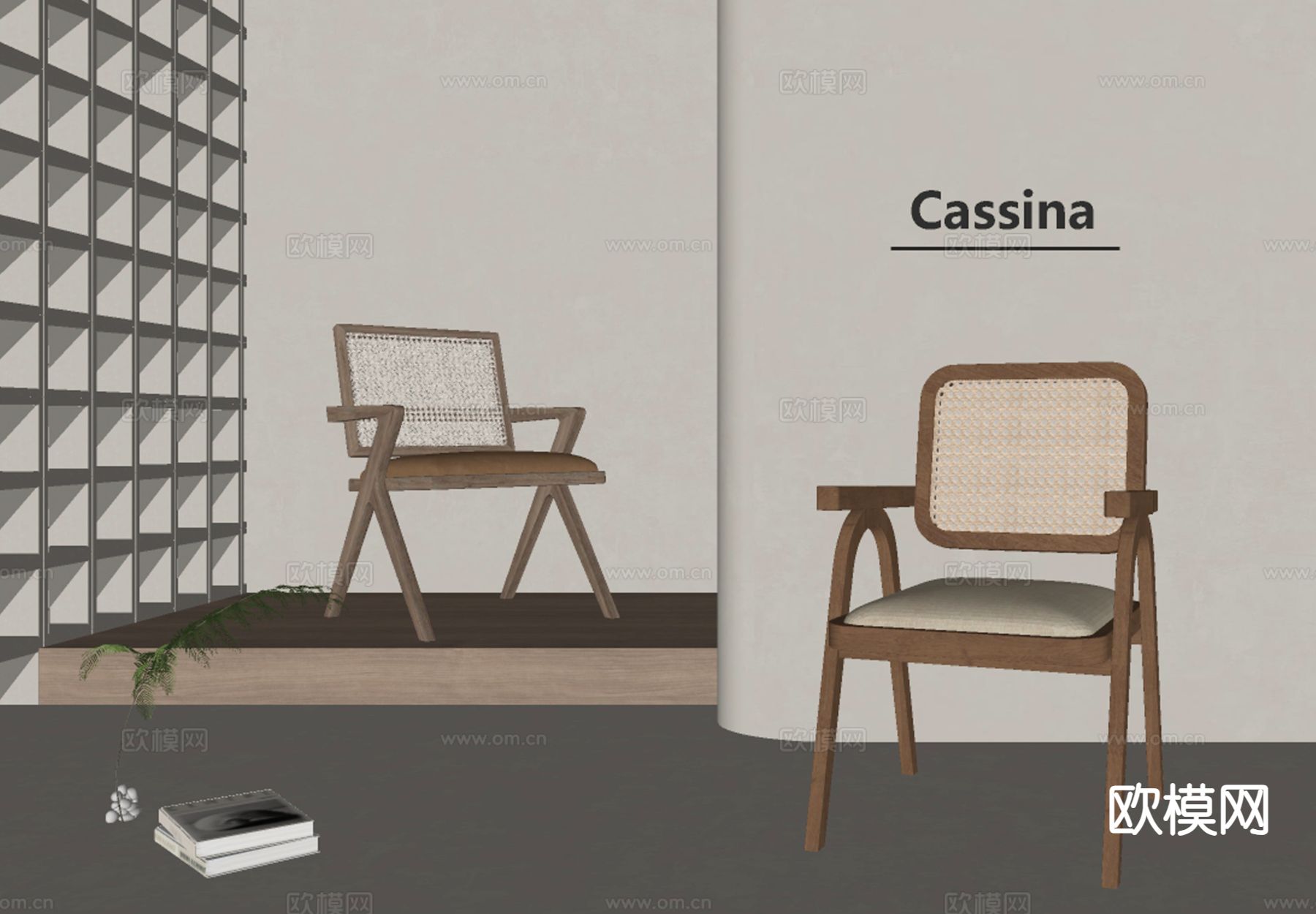 Cassina 中古风藤编休闲椅 木椅su模型下载（渲染图1）