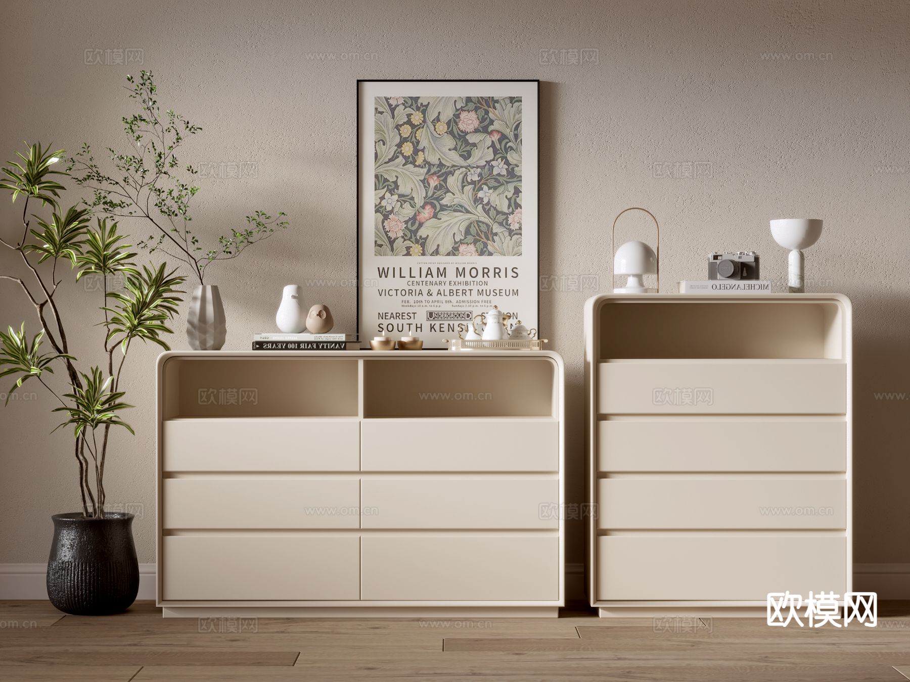 奶油风边柜 玄关柜su模型下载（渲染图2）