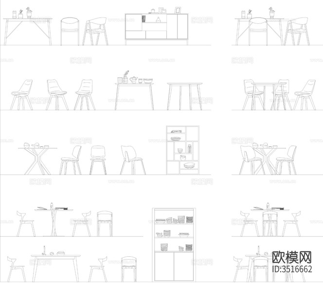餐廳家具CAD圖庫下載(渲染圖1)
