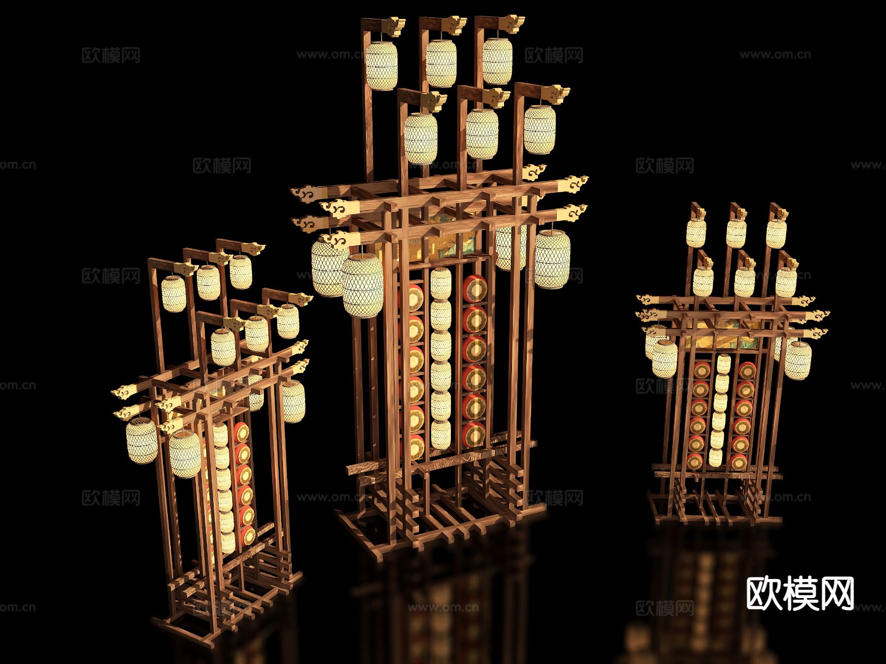 新中式影视道具 灯笼架 美陈su模型下载（渲染图2）