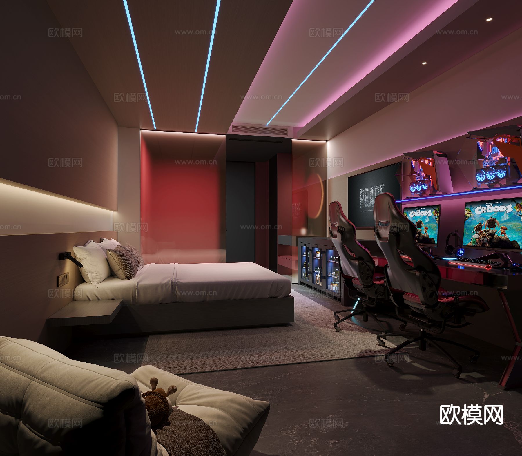 现代网咖 电竞酒店单人间3d模型下载（渲染图1）