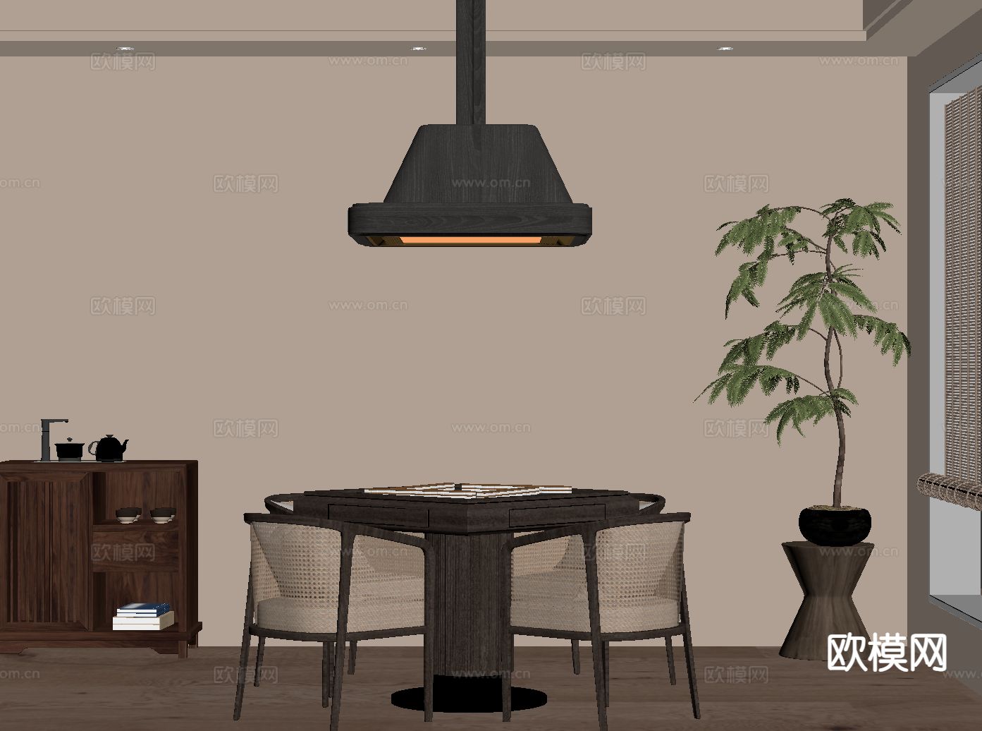 中古风麻将桌 棋牌桌su模型下载（渲染图1）