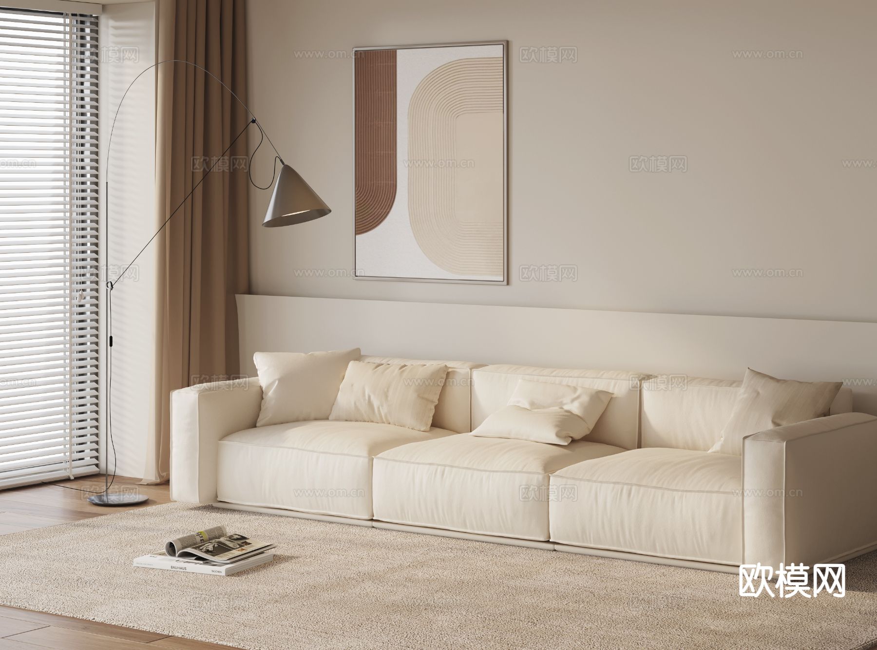 奶油风多人沙发 三人沙发su模型下载（渲染图2）