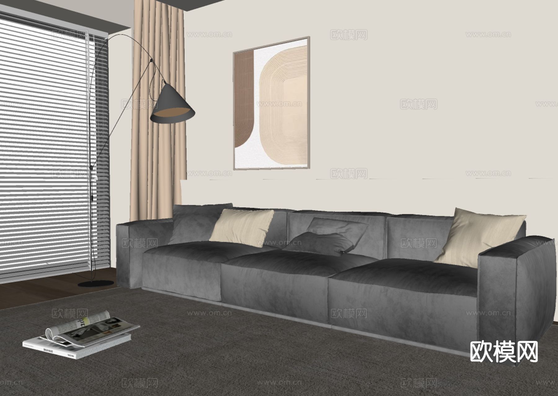 奶油风多人沙发 三人沙发su模型下载（渲染图1）