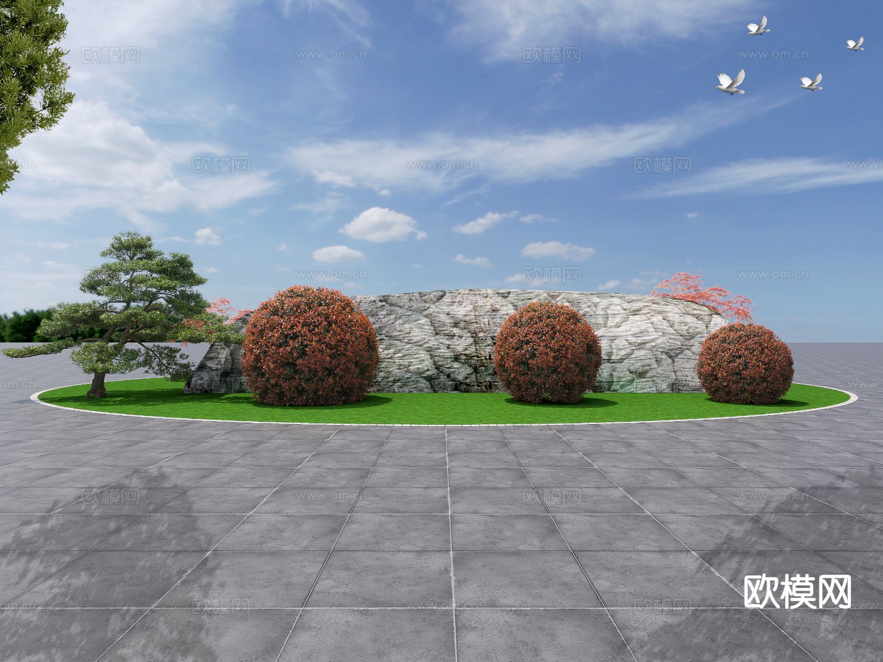 新中式红叶石楠 造型灌木 景墙3d模型下载（渲染图1）