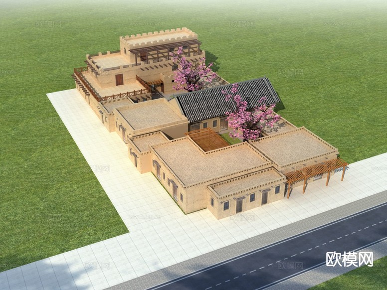 新疆沙漠建筑 西北夯土民宿3d模型下载(渲染图2)