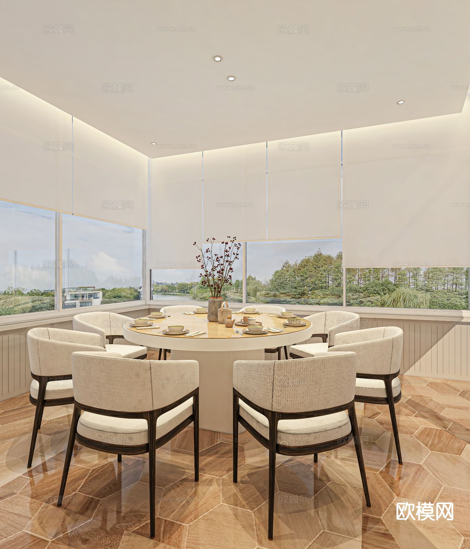 奶油风餐厅包房 酒楼包厢3d模型下载（渲染图1）