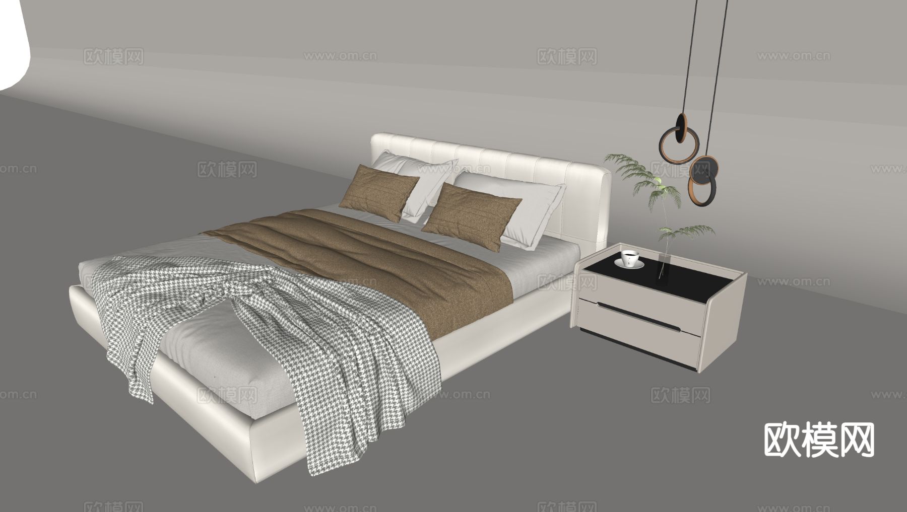 奶油风双人床su模型下载（渲染图1）