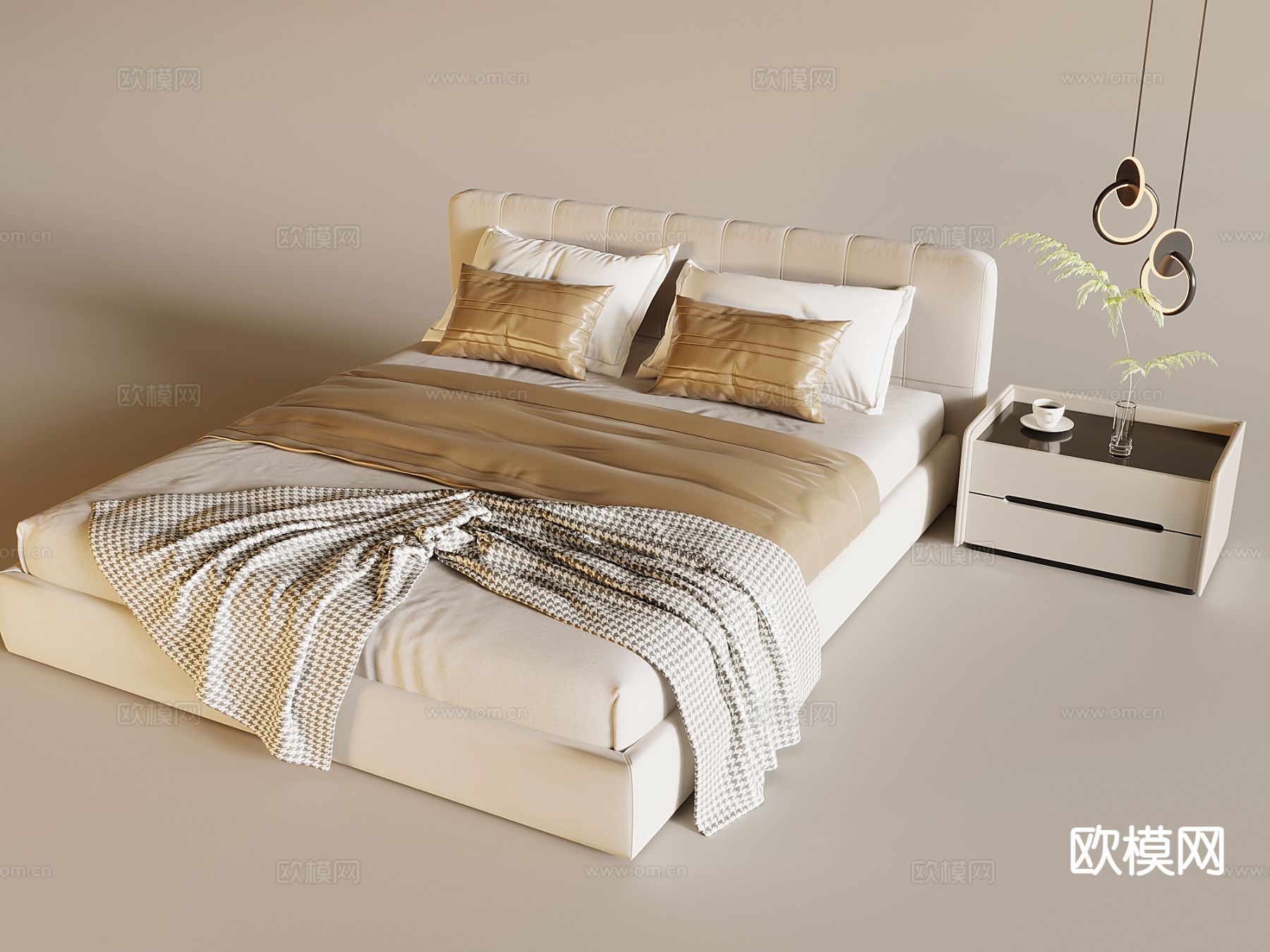 奶油风双人床su模型下载（渲染图2）