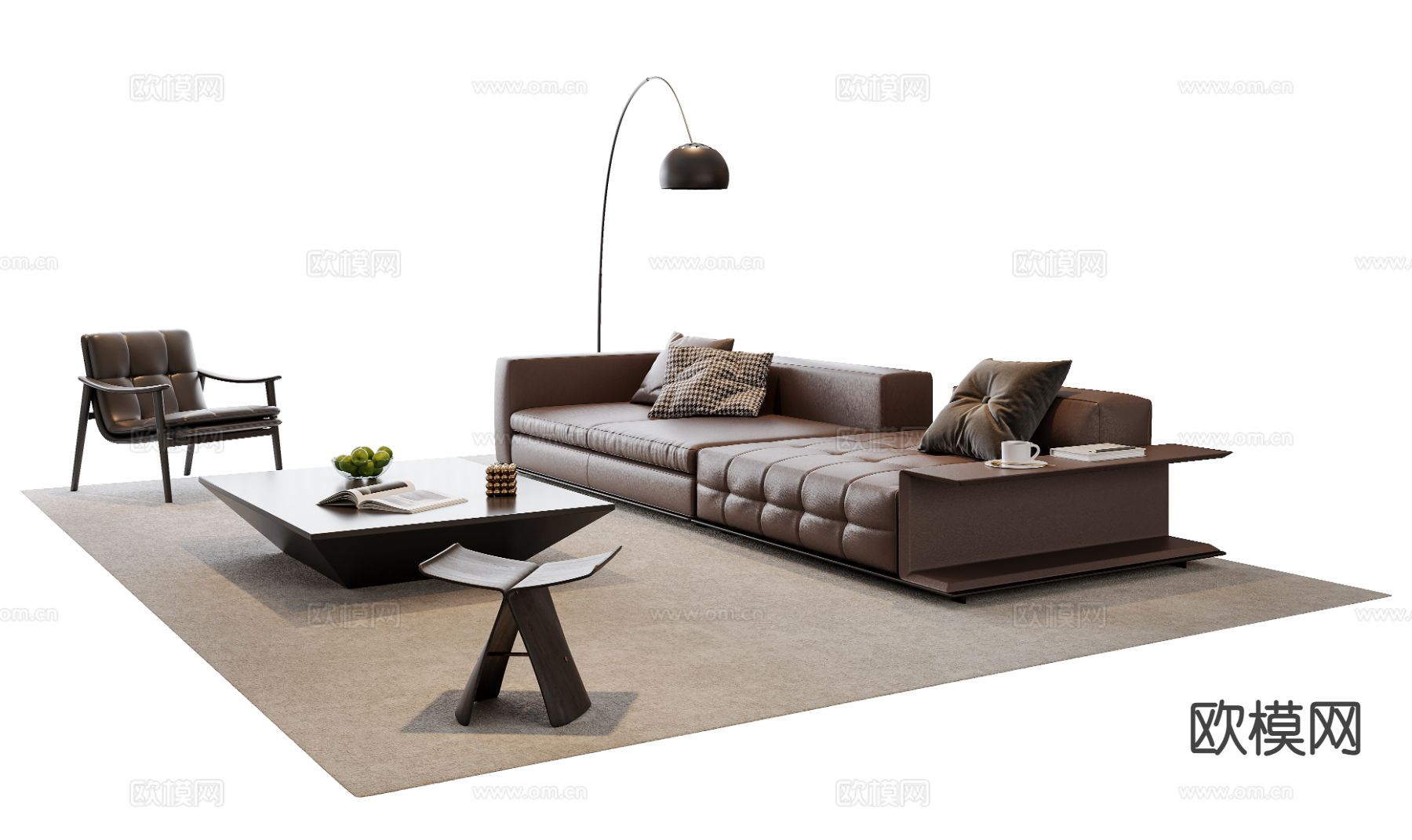 意式皮革沙发组合su模型下载（渲染图2）