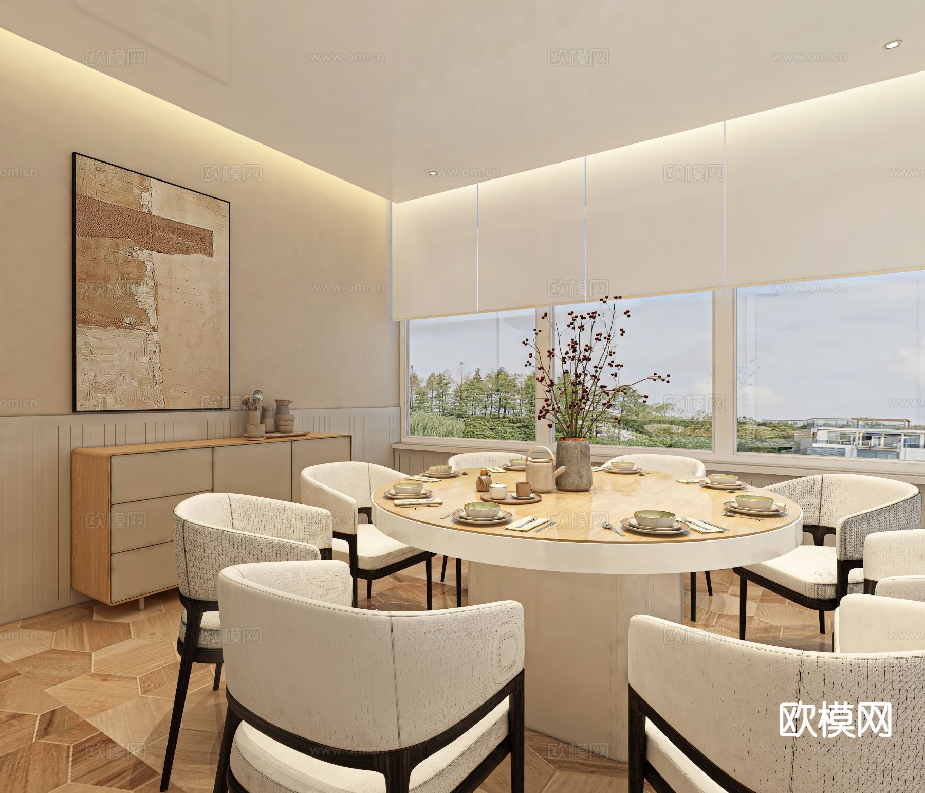 奶油风餐厅包房 酒楼包厢3d模型下载（渲染图2）