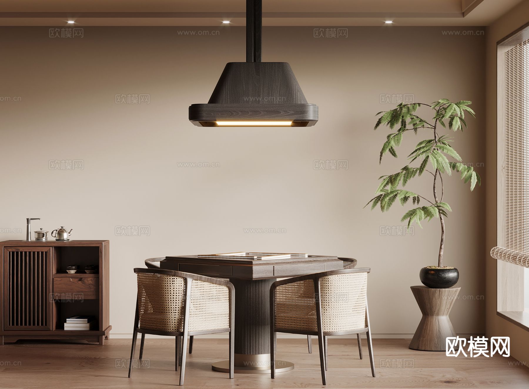 中古风麻将桌 棋牌桌su模型下载（渲染图2）